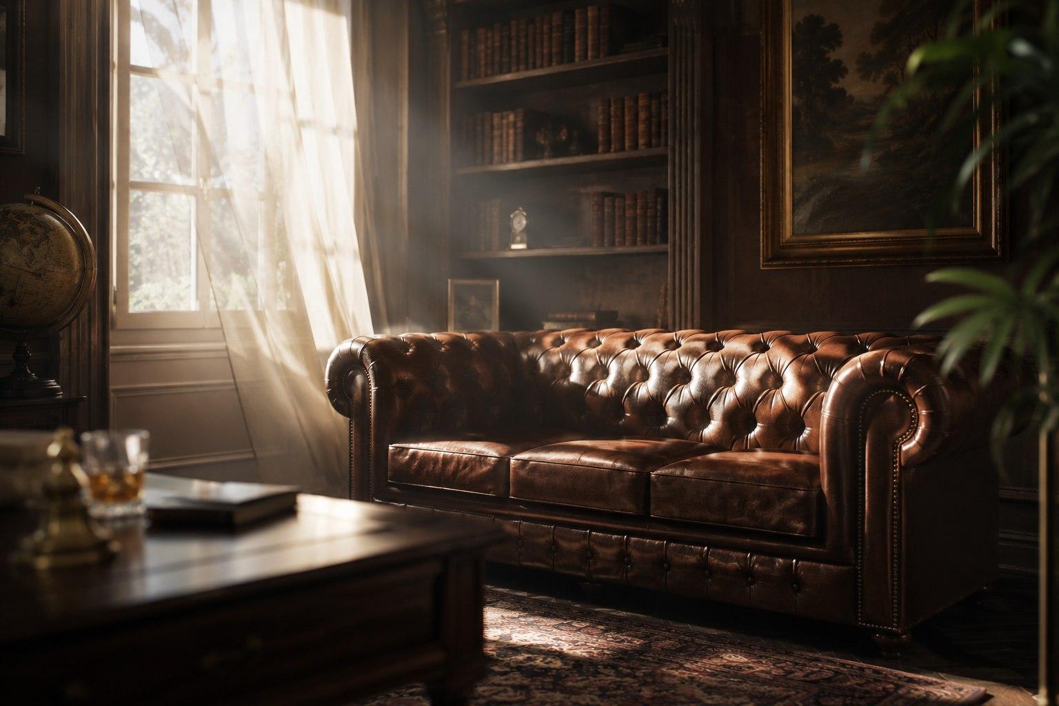 Skórzana sofa Chesterfield w oświetlonym słońcem gabinecie z biblioteczką