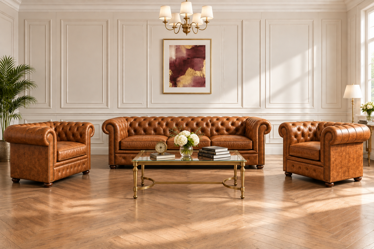 Chesterfield Windsor Set — 3-Seater Sofa & Two Armchairs, cognac leather