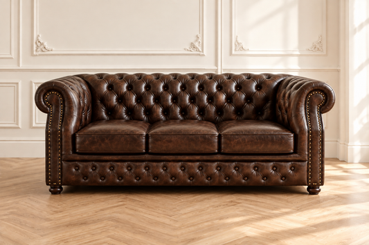 Windsor 3-Seater Sofa – handcrafted dark brown Chesterfield leather