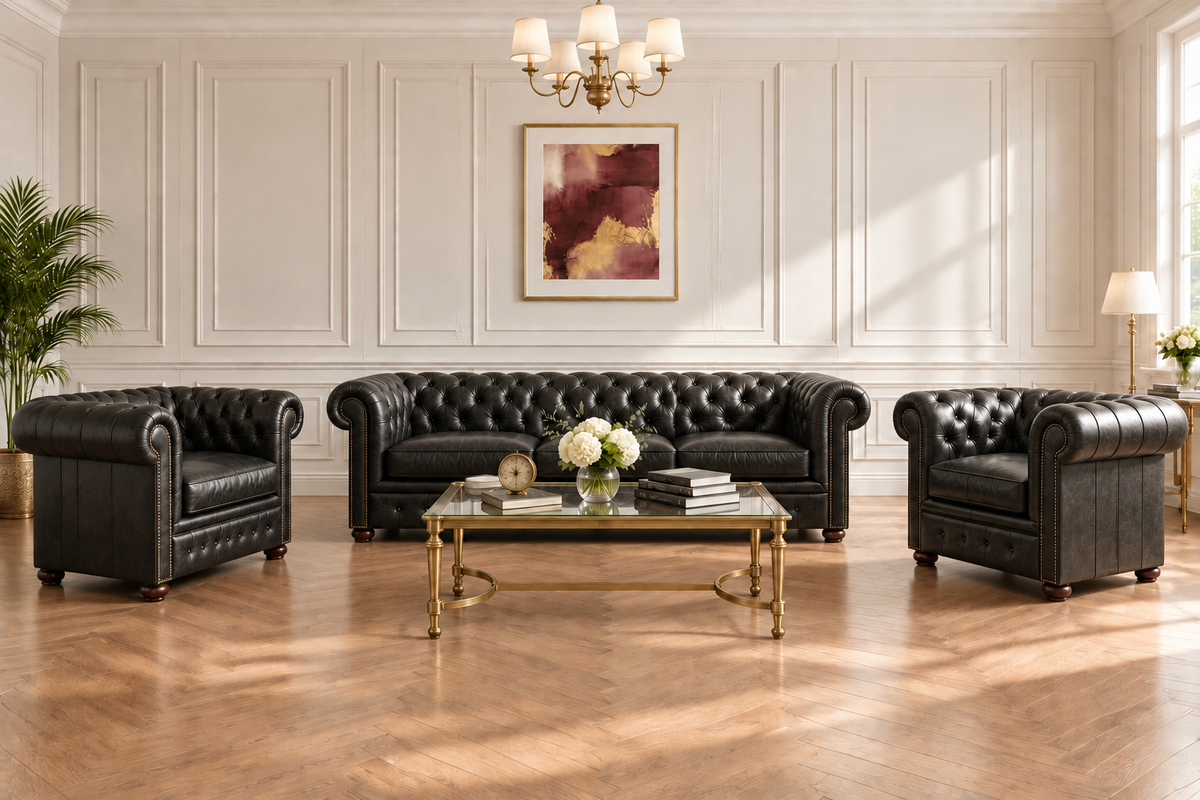Chesterfield Windsor Set — 3-Seater Sofa & Two Armchairs, black leather