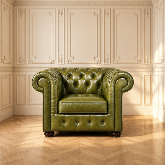Chesterfield Mark armchair — olive green leather, front view