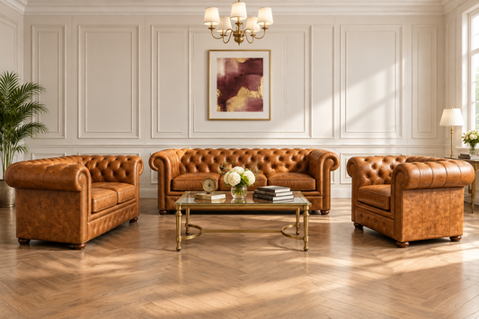 Chesterfield Windsor Set — 3-seater sofa, 2-seater sofa and armchair in cognac leather