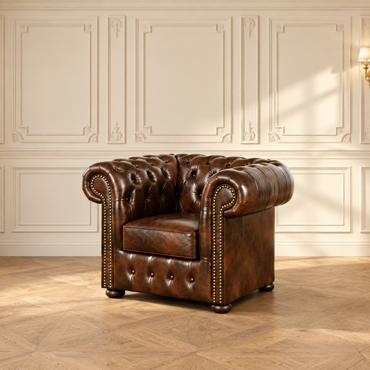 Chesterfield Classic armchair — dark brown Madras leather, front view