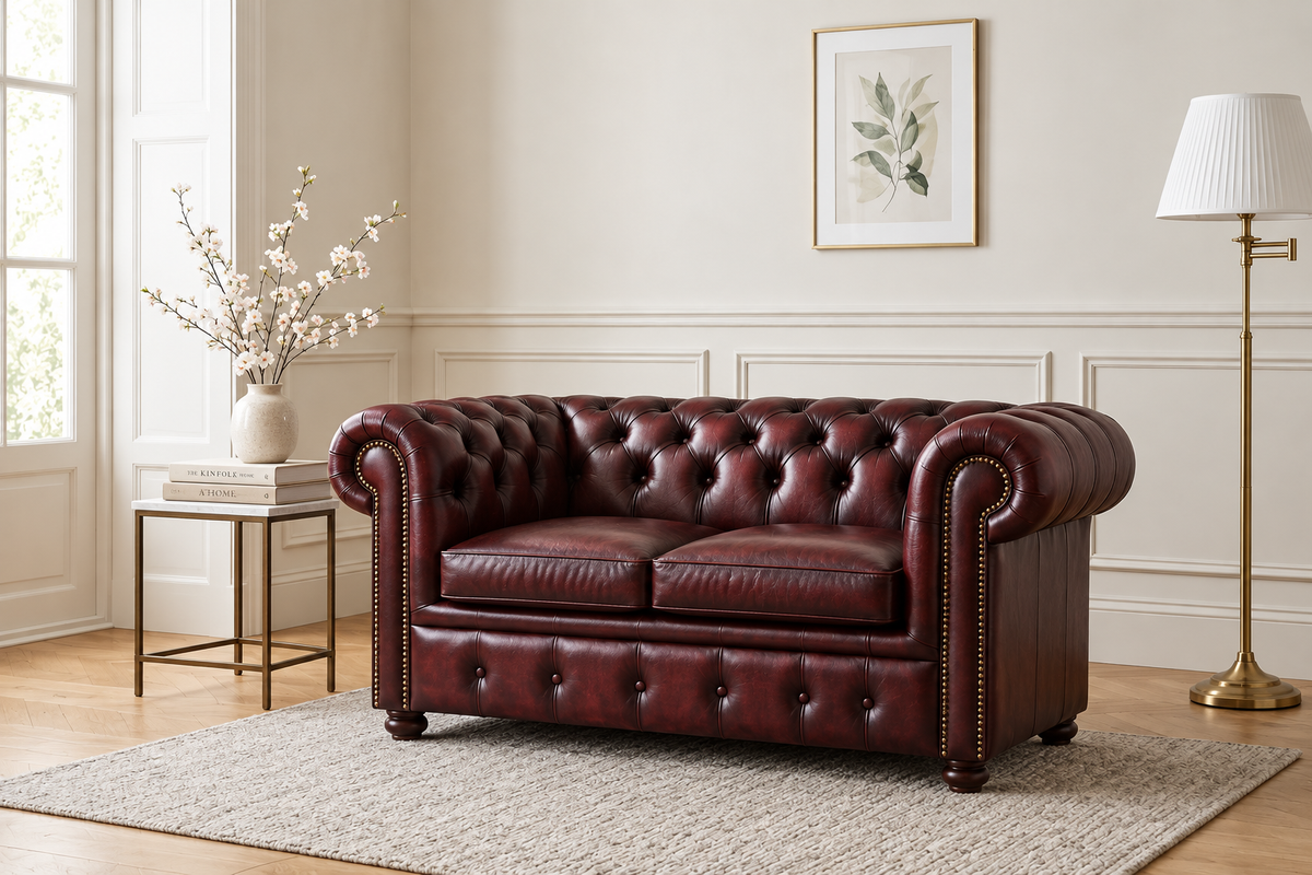 2-Seater Chesterfield Sofa in dark burgundy leather