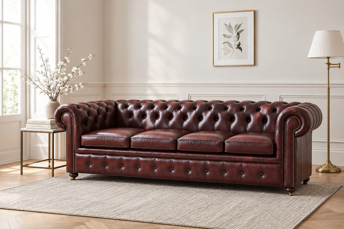 4-Seater Chesterfield Sofa in dark burgundy leather