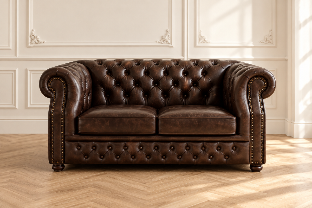 Windsor 2-Seater Sofa – handcrafted dark brown Chesterfield leather