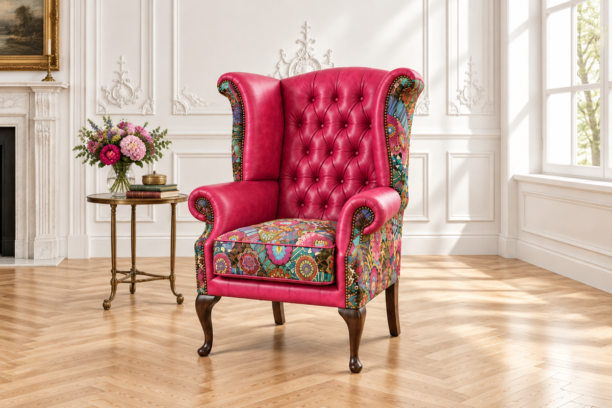 Chesterfield Queen Rock & Roll — fuchsia leather with boho patchwork
